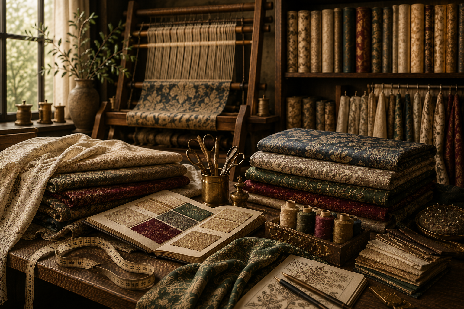 Bolts of mill-direct fabric on the racks