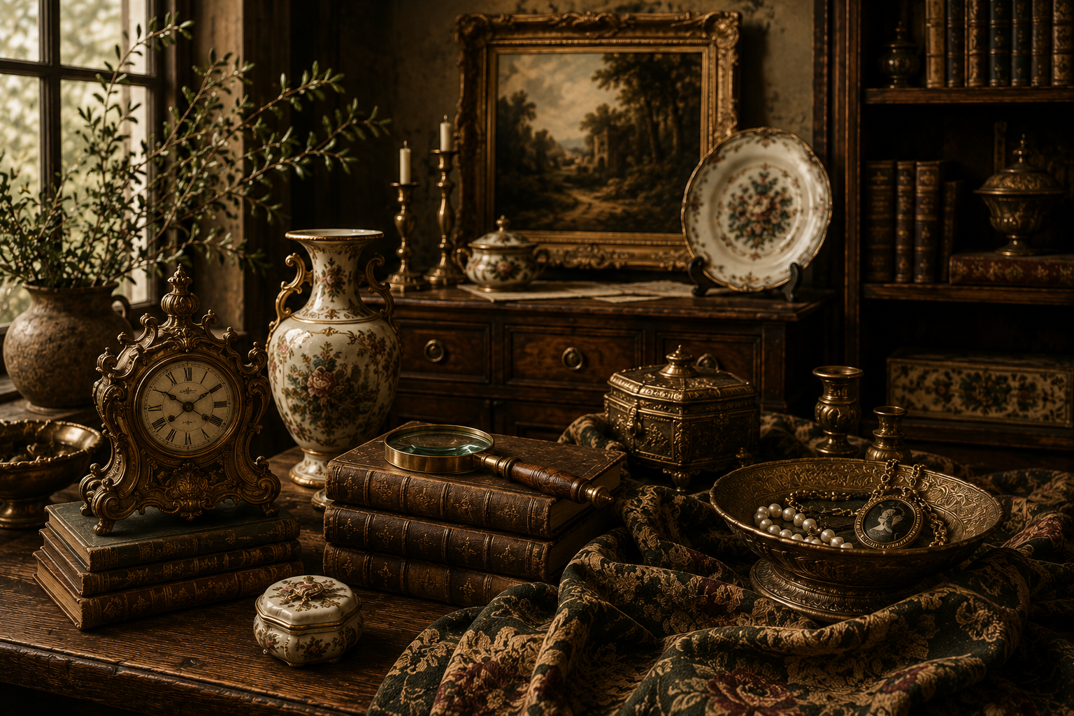 Antique pieces on the shop floor in Chepachet